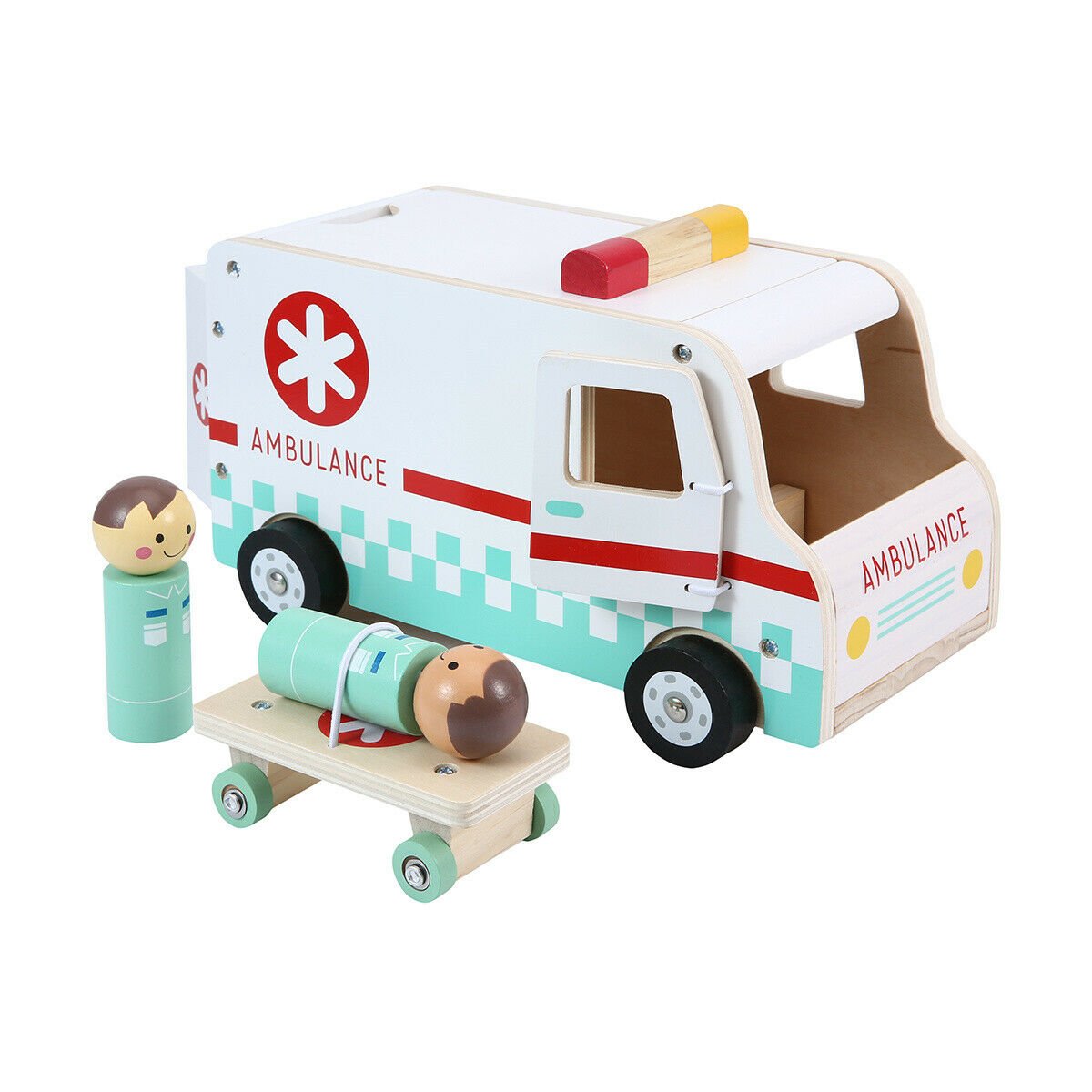 1. Wooden ambulance toy with moving wheels, opening doors, and removable roof, includes stretcher and two minifigures, enhancing fine motor skills and imagination, by Fillikid