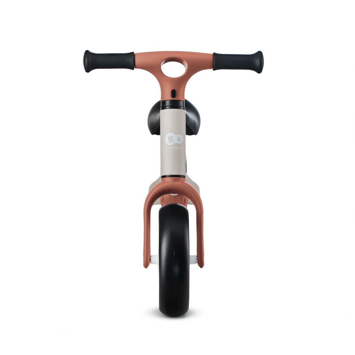3. Front view of beige Kinderkraft TOVE balance bike with black handlebars and foam wheels