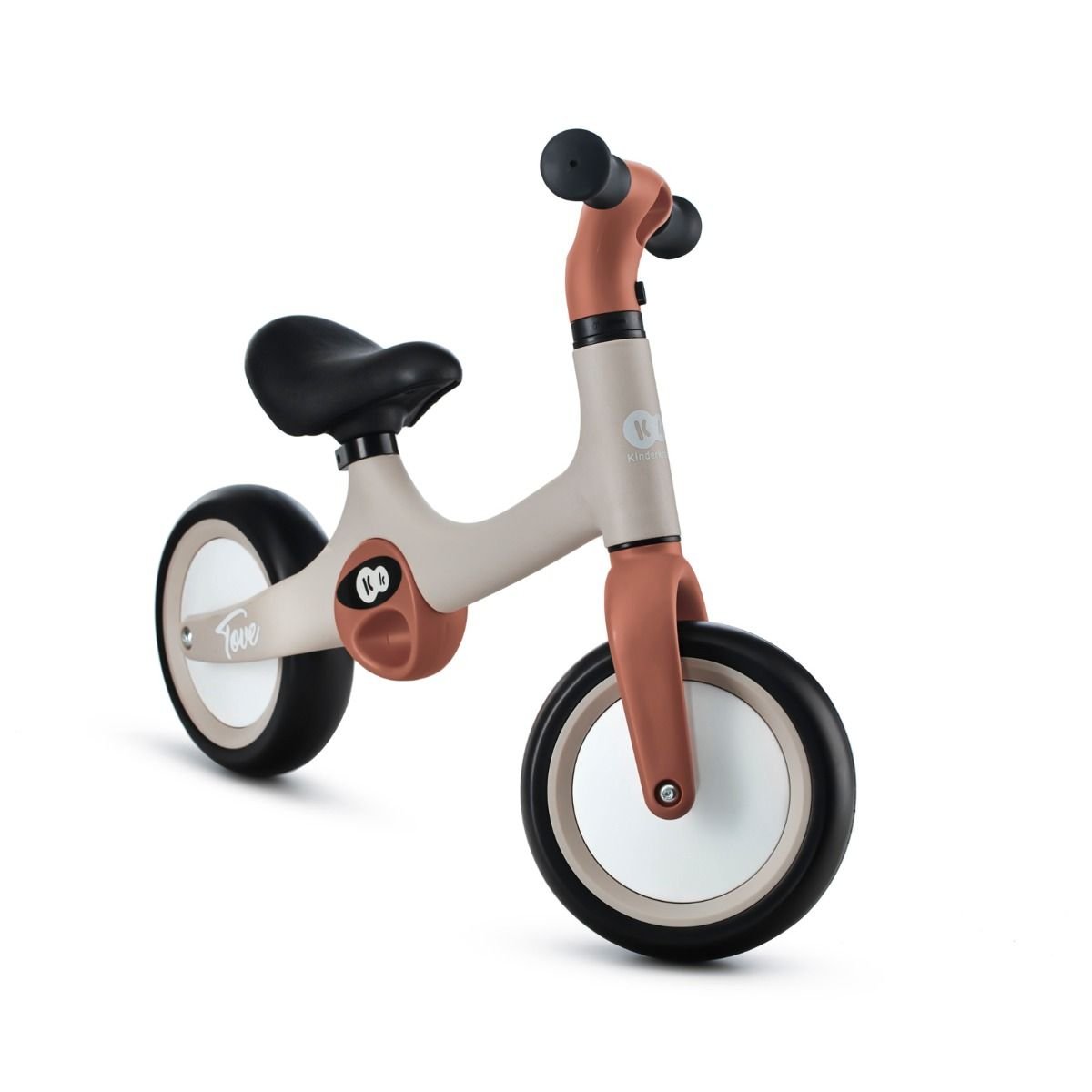 3. Side view of beige Kinderkraft TOVE balance bike with black seat and foam wheels