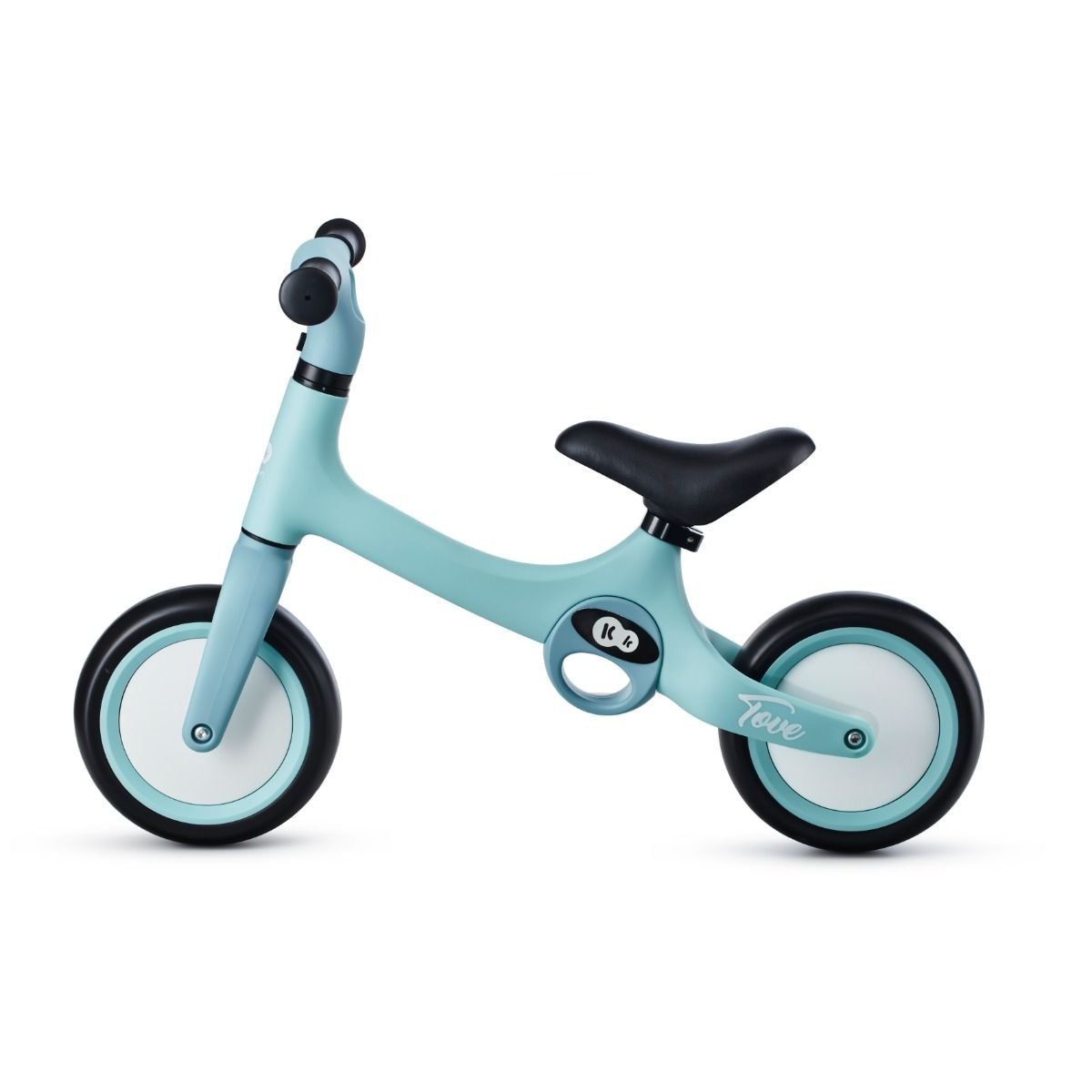 3. Side view of mint green Kinderkraft TOVE balance bike with black seat and puncture-resistant wheels