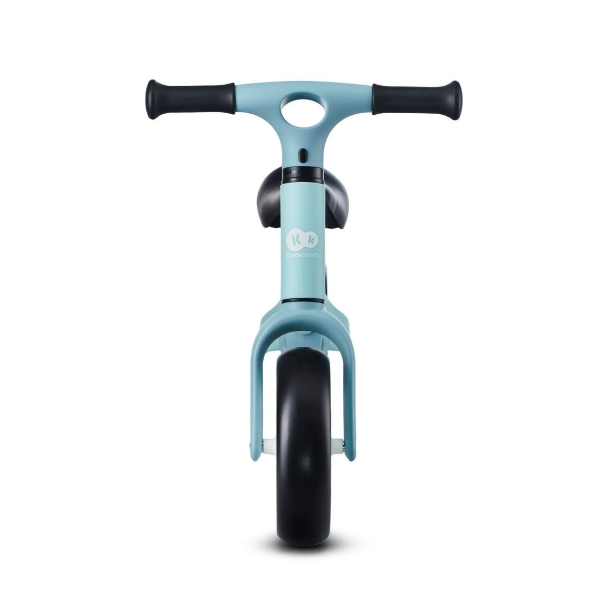 6. Front view of mint green Kinderkraft TOVE balance bike with black handlebars and foam wheels