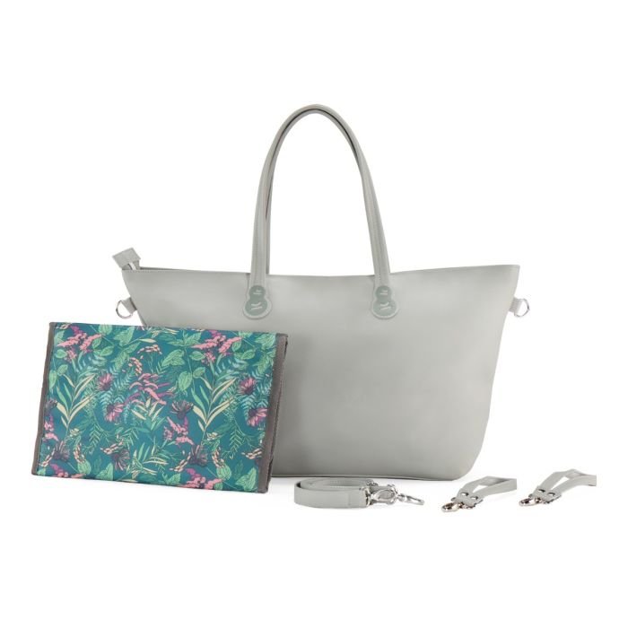 2. Light grey Kinderkraft Treasurebag diaper bag with floral travel changing pad and detachable straps on white background