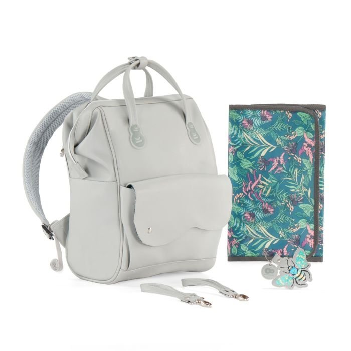 5. Grey Kinderkraft Treasureback backpack with floral changing mat and accessories