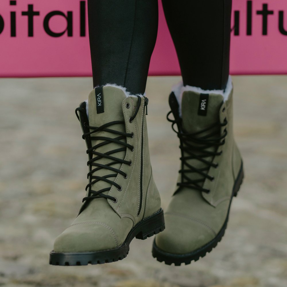 3. Women's KIRA 4.0 olive boots with thick nubuck upper, shown in lifestyle setting