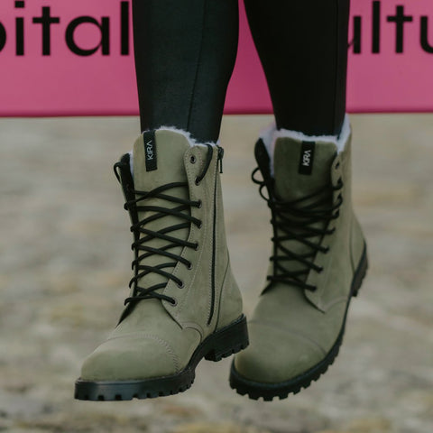 3. Women's KIRA 4.0 olive boots with thick nubuck upper, shown in lifestyle setting