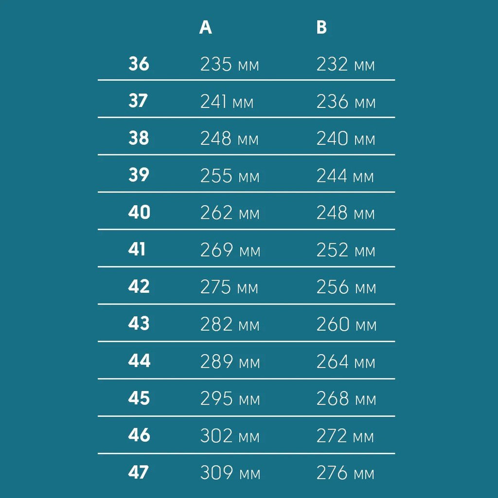 5. Size chart for KIRA Chelsea Rebel boots showing foot length in millimeters for sizes 36 to 47