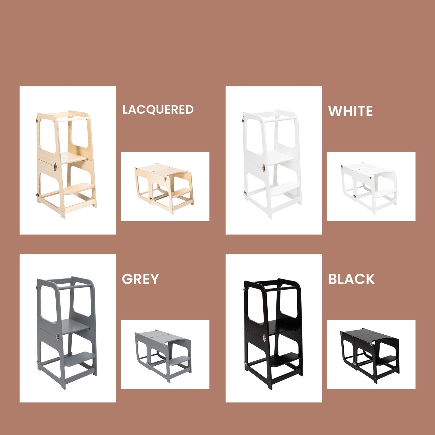 17. Color options for transformable kitchen tower including lacquered, white, grey, and black