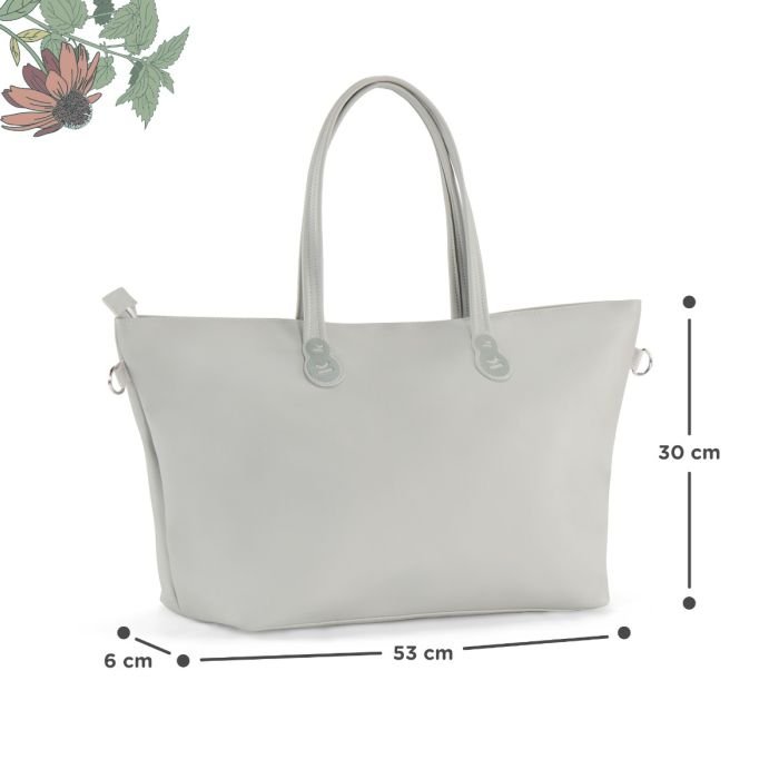 5. Size chart for Kinderkraft Treasurebag showing dimensions 53 cm x 30 cm x 6 cm with floral accents