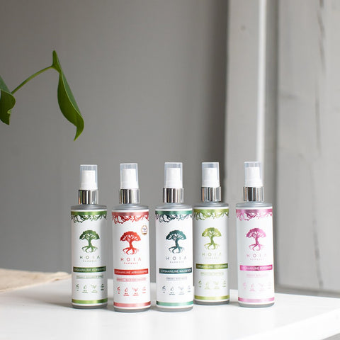 2. Collection of HOIA homespa sprays including Organic Cucumber Spray, displayed on a windowsill, showcasing variety and packaging