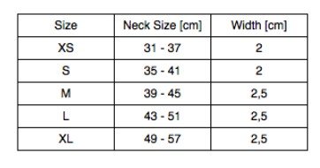 5. Size chart for Kollu Collar showing neck size and width in centimeters for sizes XS to XL