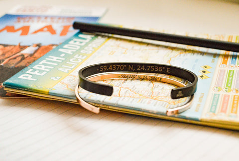 3. Black men's bracelet with engraved coordinates on a map background