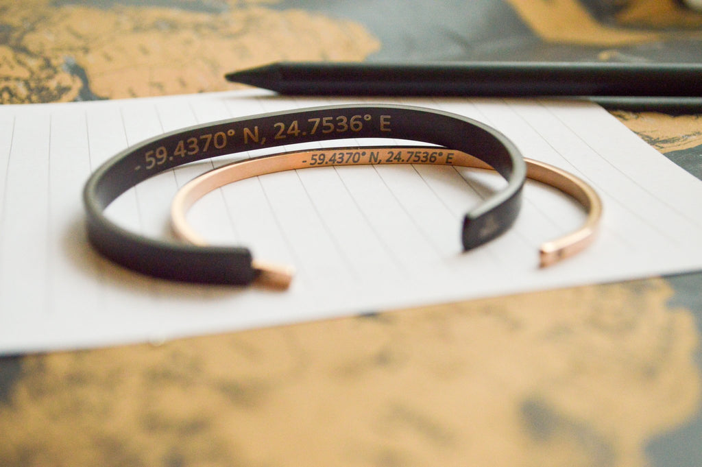6. Two men's bracelets, one black and one rose gold, with engraved coordinates on a map background