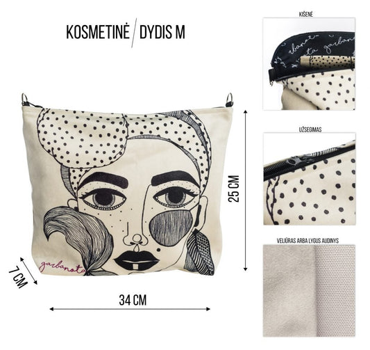2. Garbanota Forest Berry makeup pouch in black with colorful face illustration, shown with lipstick for scale