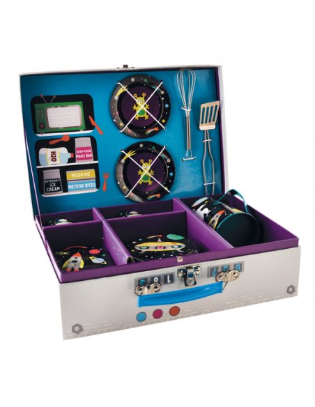 4. Open space-themed carry case showing organized compartments with cups, plates, whisk, and spatula for children's tea set