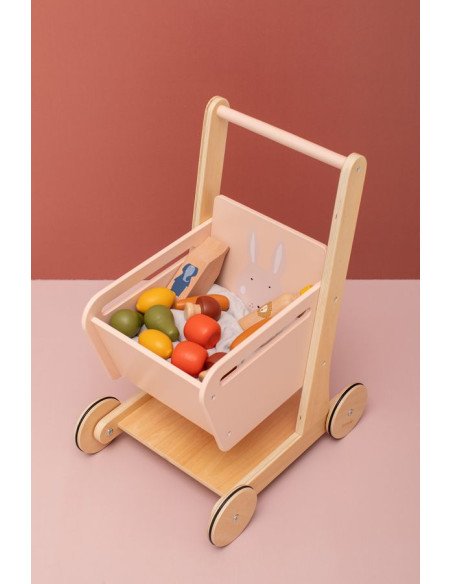 4. Trixie Baby Wooden Shopping Cart filled with toy fruits on pink background