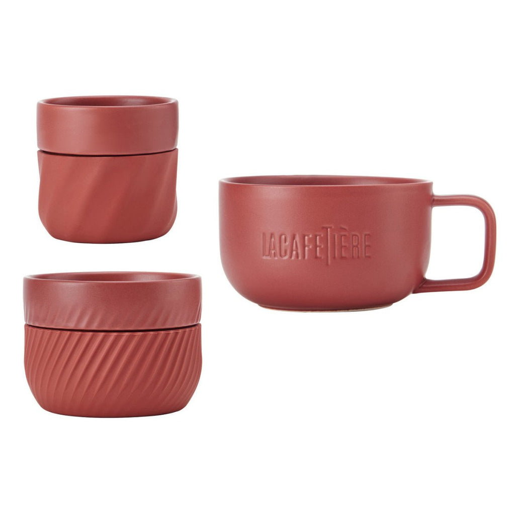 3. Close-up of La Cafetière red coffee mugs set of three on white background, highlighting logo and silicone bands