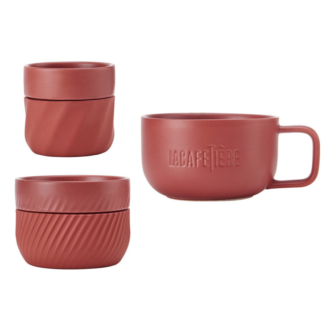 3. Close-up of La Cafetière red coffee mugs set of three on white background, highlighting logo and silicone bands