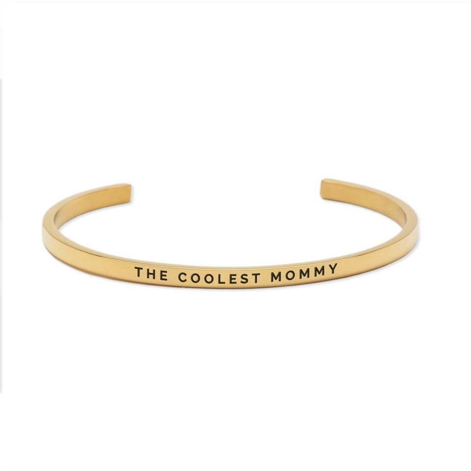 1. Gold 'The Coolest Mommy' bracelet by Olla, engraved stainless steel, studio shot