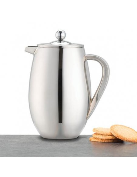 2. La Cafetière silver coffee maker with cookies on a grey surface