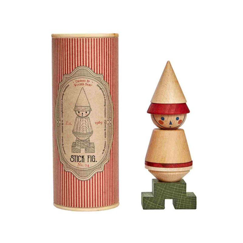 2. Wooden Story LALA Stick Figure Puzzle in red with packaging, featuring a cone-shaped head and cylindrical body on a green base, shown in a studio setting