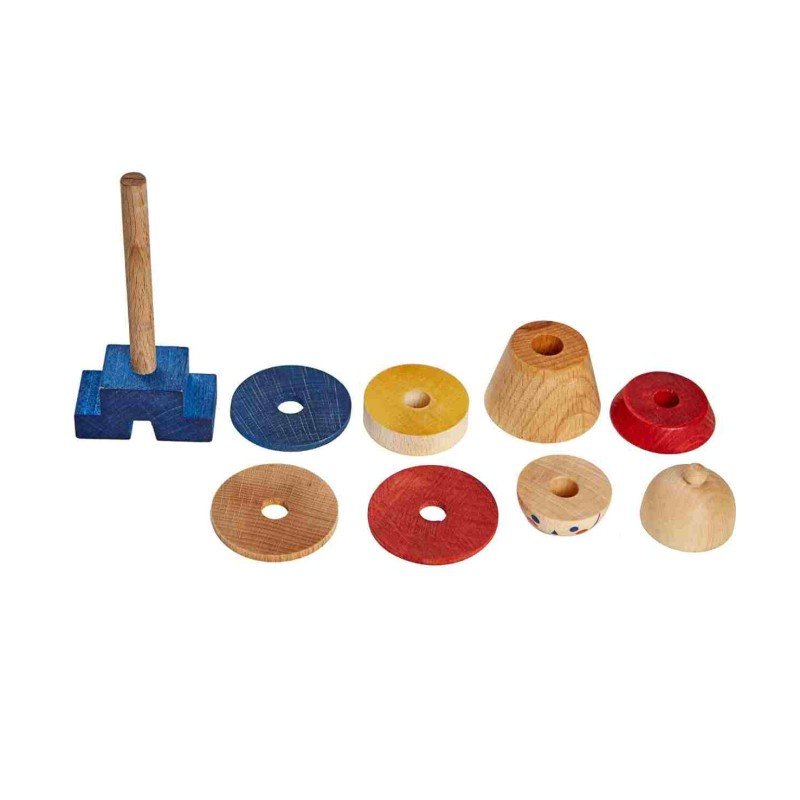 3. Close-up of wooden stick figure puzzle pieces including blue, red, yellow, and natural wood blocks