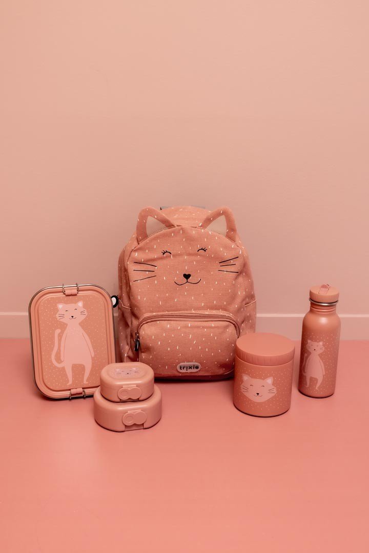1. Trixie Baby Mrs. Cat lunch box with matching backpack, bottle, and containers in peach color on pink background