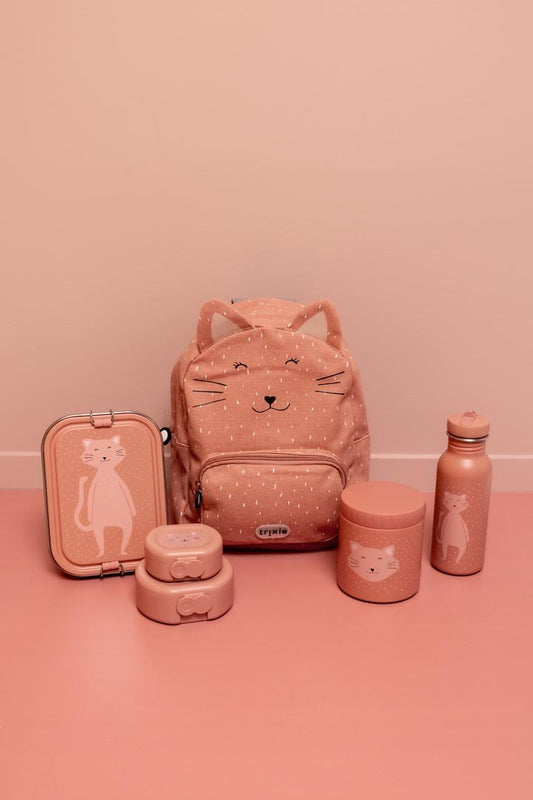 1. Trixie Baby Mrs. Cat lunch box with matching backpack, bottle, and containers in peach color on pink background