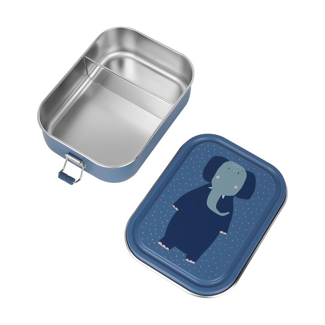 6. Open Trixie Baby Mrs. Elephant lunch box showing stainless steel interior and divider
