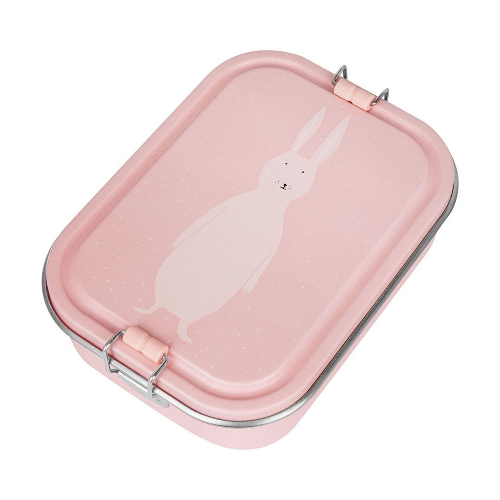 1. Pink lunch box with Mrs. Rabbit illustration on lid, stainless steel with silicone buckle, studio shot