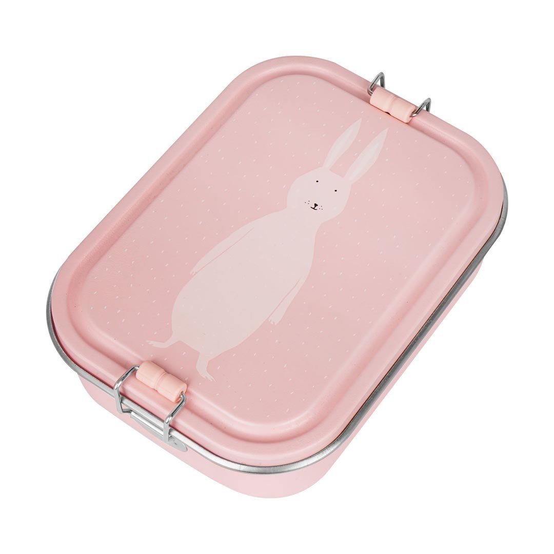 1. Pink lunch box with Mrs. Rabbit illustration on lid, stainless steel with silicone buckle, studio shot