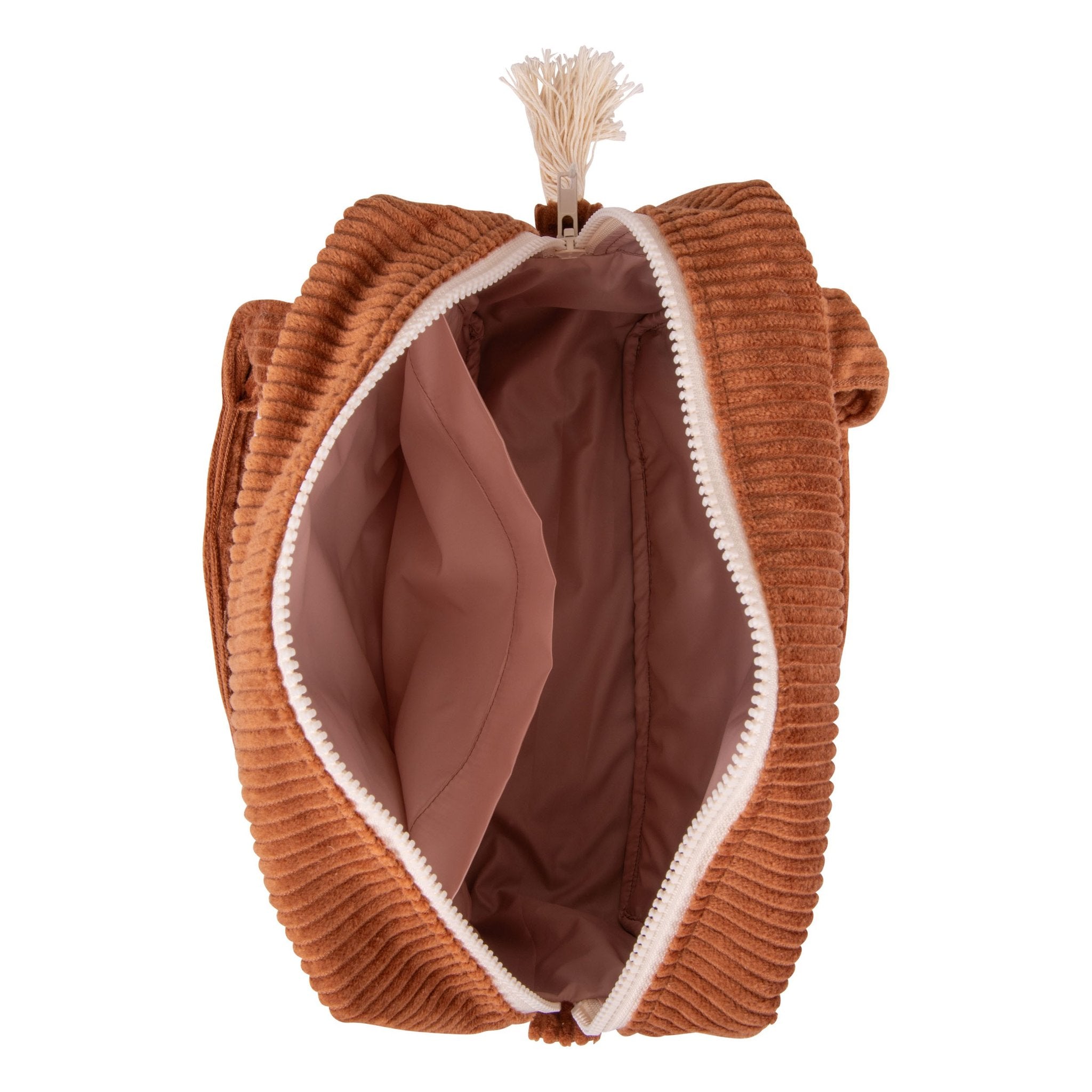 3. Interior view of caramel makeup bag showing spacious waterproof lining and inner pocket