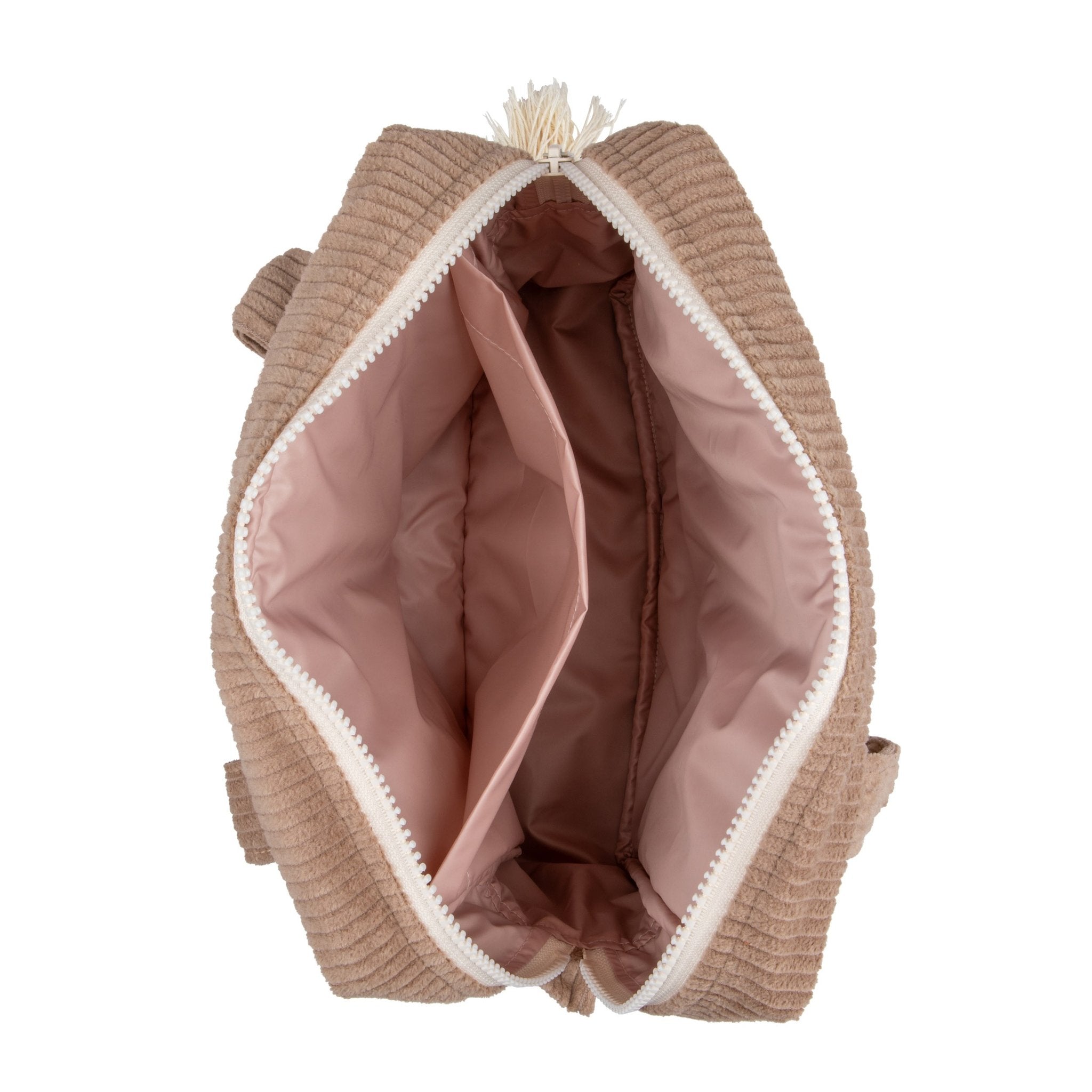 2. Interior view of latte-colored large makeup bag with pink waterproof lining and compartments, featuring Moi Mili logo.
