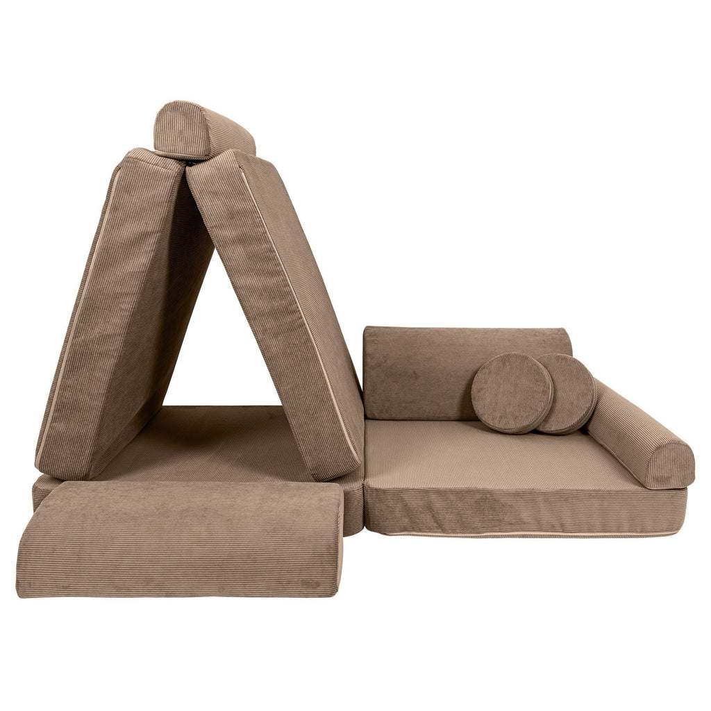 2. Brown modular sofa for kids arranged in a creative structure with round cushions, showcasing versatility
