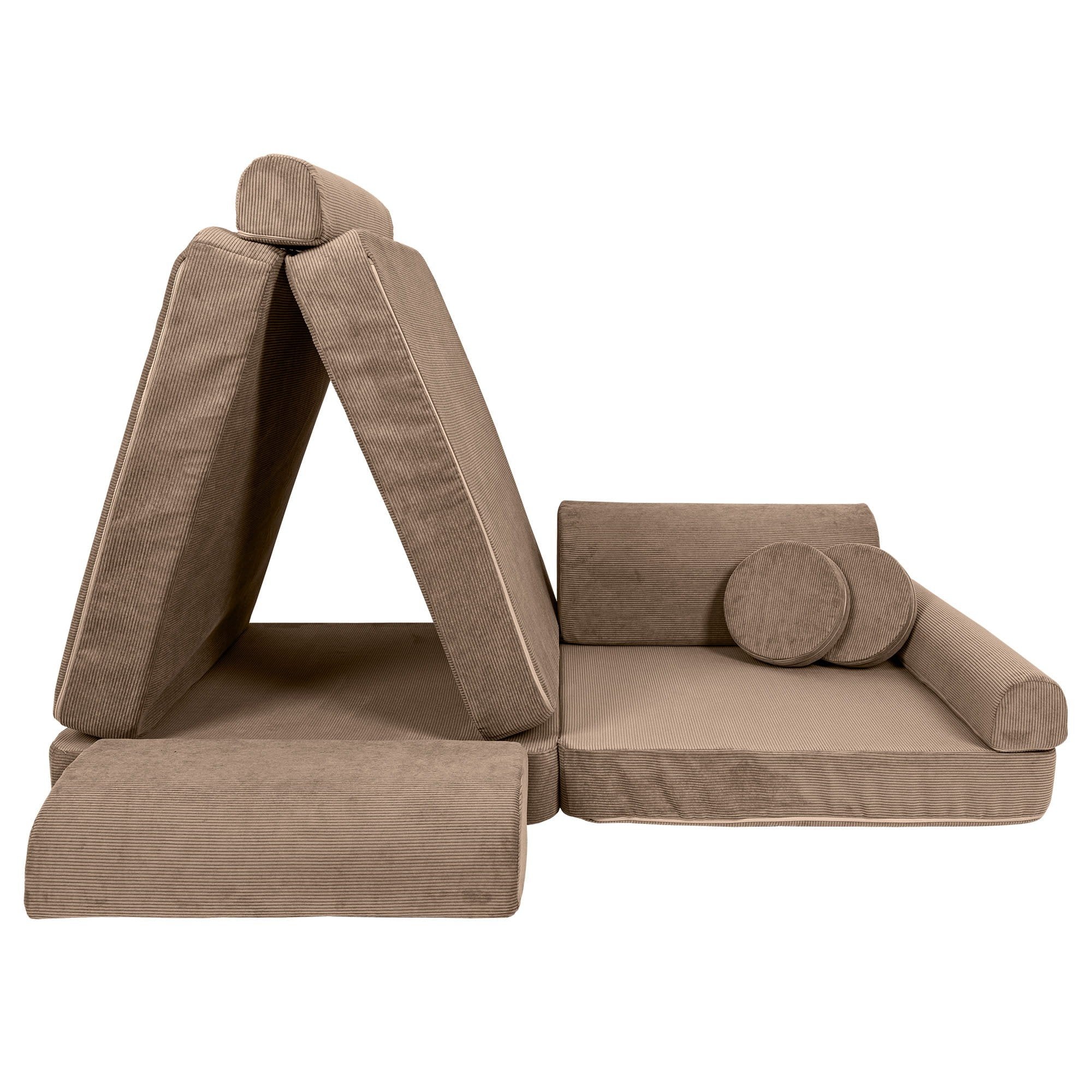 2. Brown modular sofa for kids arranged in a creative structure with round cushions, showcasing versatility
