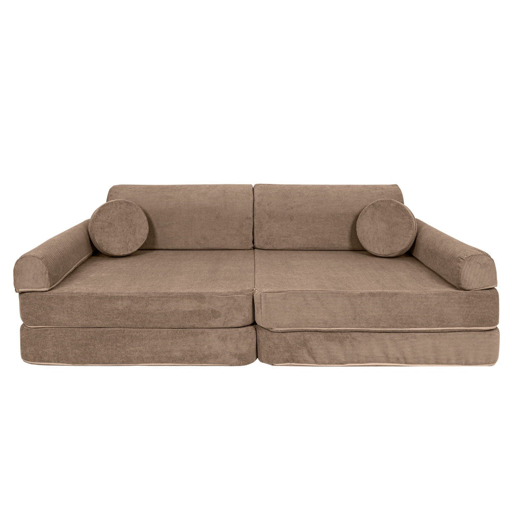 1. Brown modular sofa for kids with round cushions on a white background, showcasing its compact design