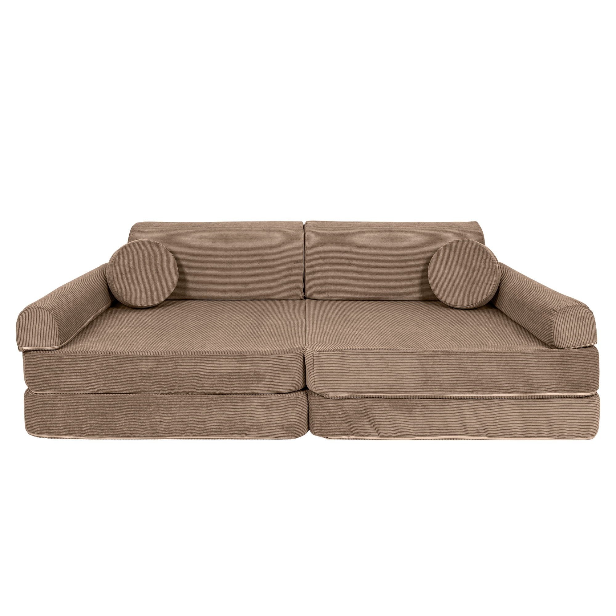 1. Brown modular sofa for kids with round cushions on a white background, showcasing its compact design