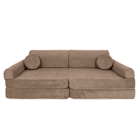 1. Brown modular sofa for kids with round cushions on a white background, showcasing its compact design