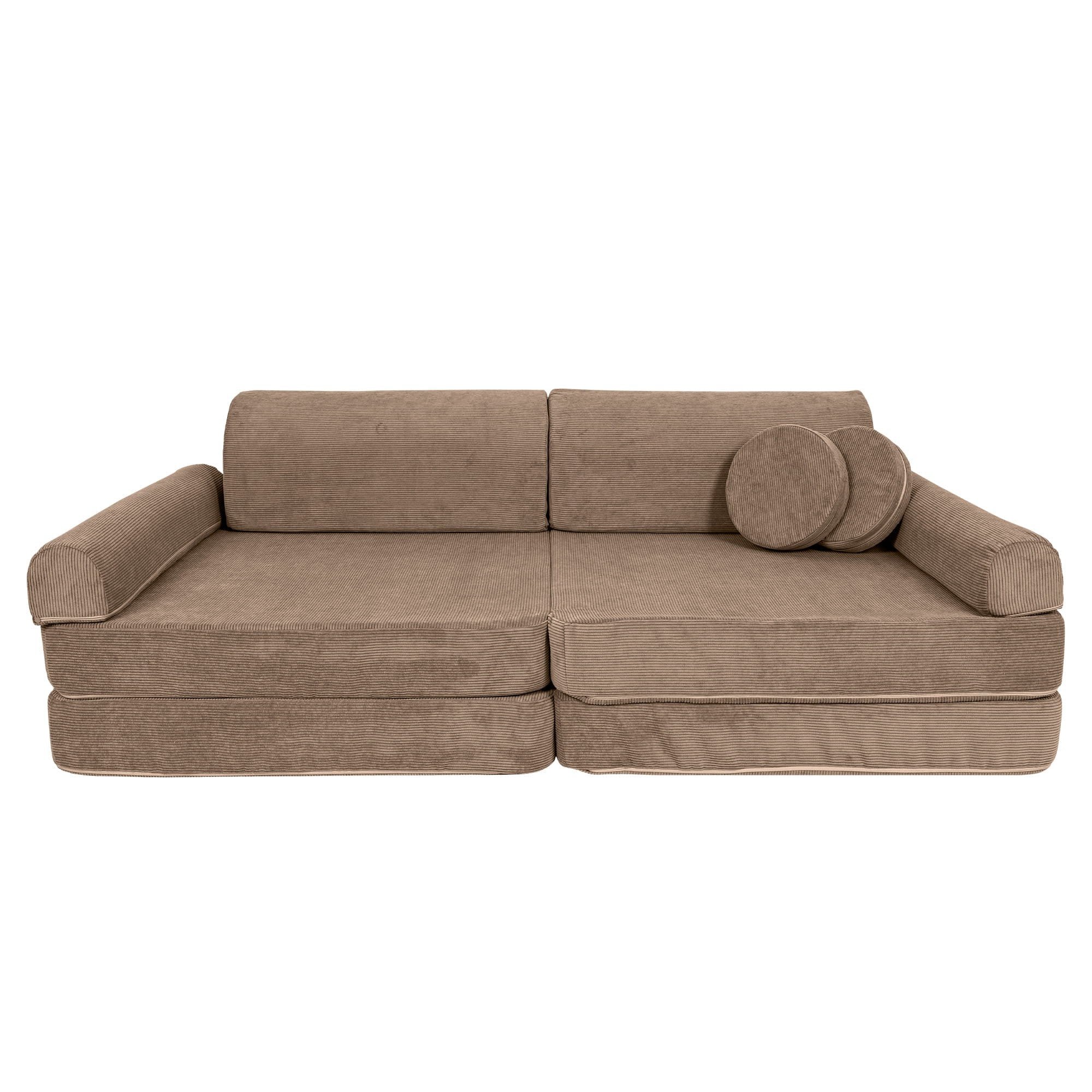 2. Brown modular sofa for kids with round cushions on a white background, emphasizing style