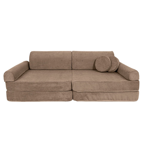 2. Brown modular sofa for kids with round cushions on a white background, emphasizing style