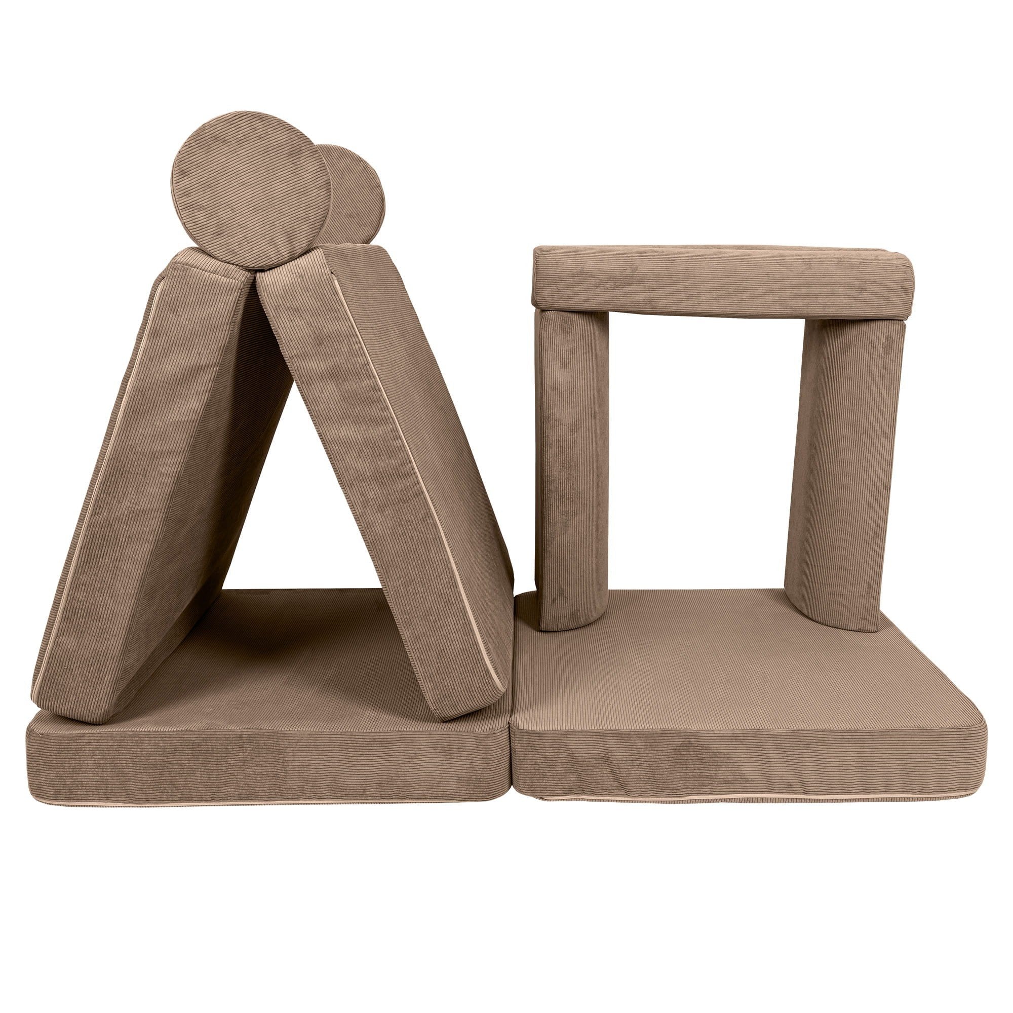 2. Brown modular sofa for kids arranged in a creative structure with cushions, highlighting versatility