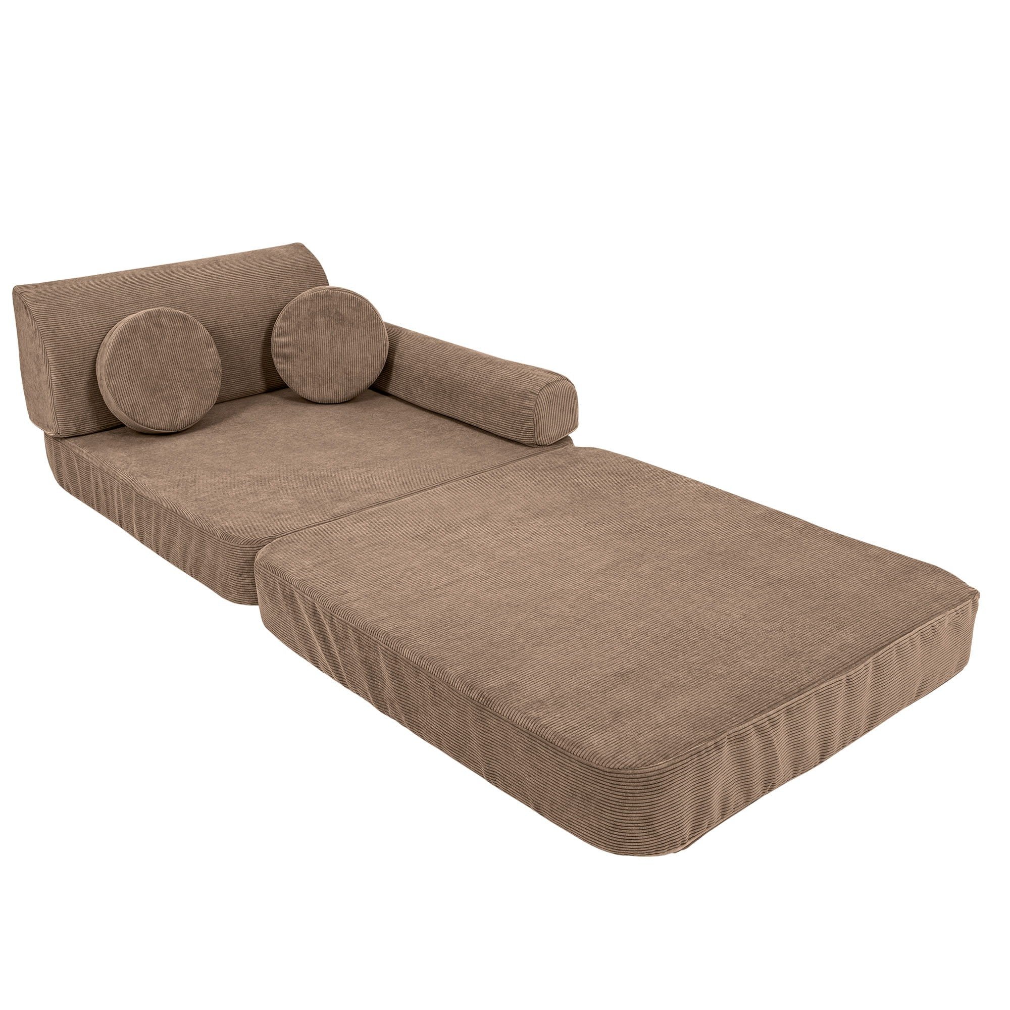 4. Brown modular sofa for kids in a reclined position with round cushions, emphasizing comfort