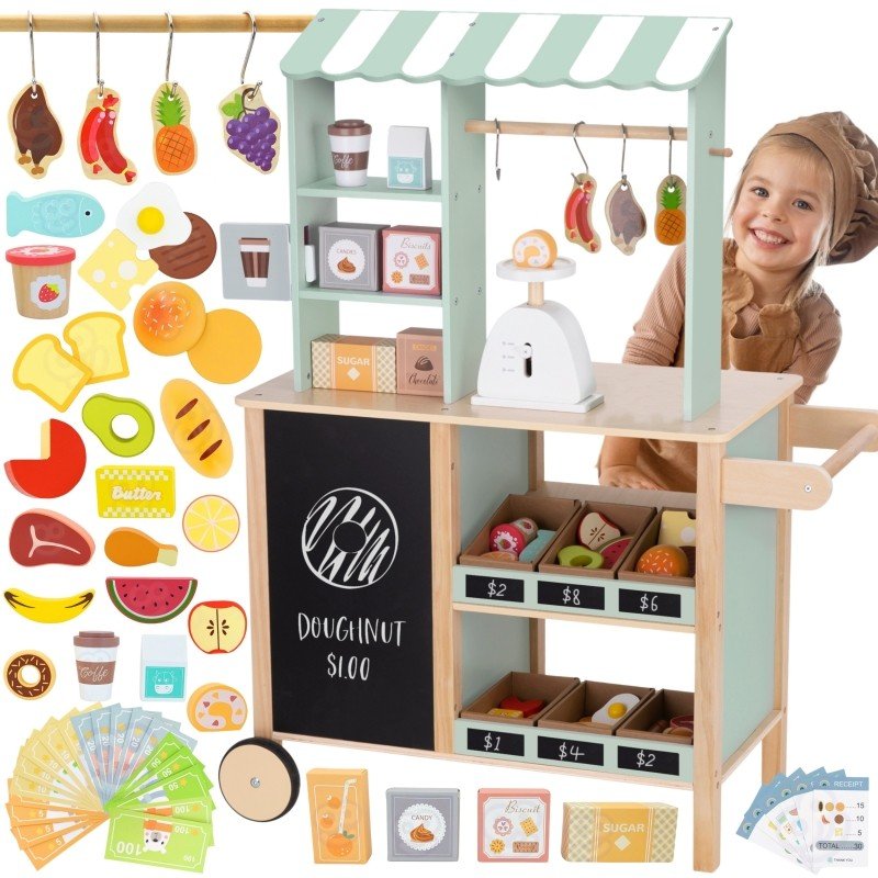 20. Child playing with Woopie Green wooden food truck stand and accessories