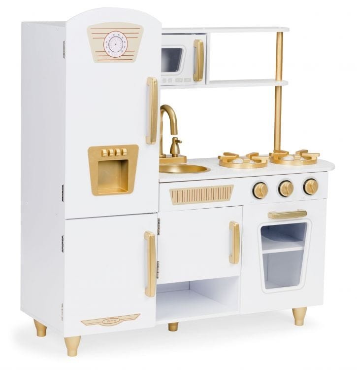 10. Angelove white and gold wooden play kitchen with closed doors in studio setting