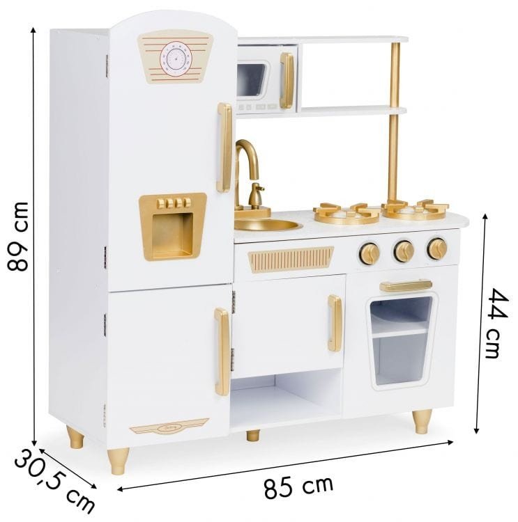 5. Size chart for Angelove play kitchen showing dimensions in centimeters