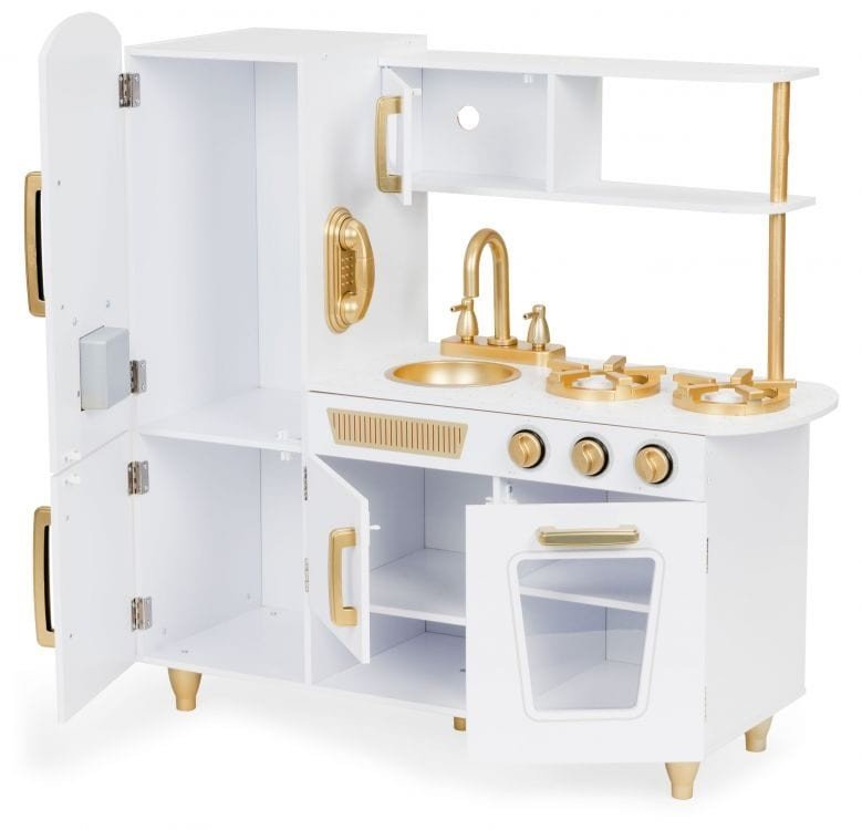 2. Angelove white and gold wooden play kitchen with open doors and visible shelves in studio setting