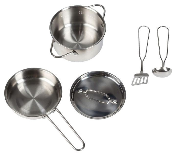 4. Flat lay of stainless steel pot, frying pan, spatula, and ladle included with Angelove play kitchen