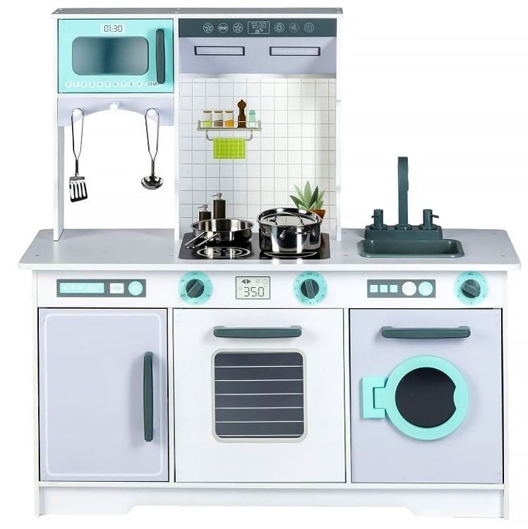 2. Front view of Angelove wooden play kitchen with oven, microwave, and washing machine, showcasing design and features