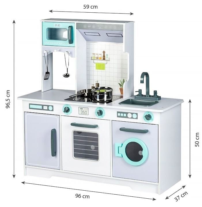 5. Size chart for Angelove wooden play kitchen showing dimensions in centimeters