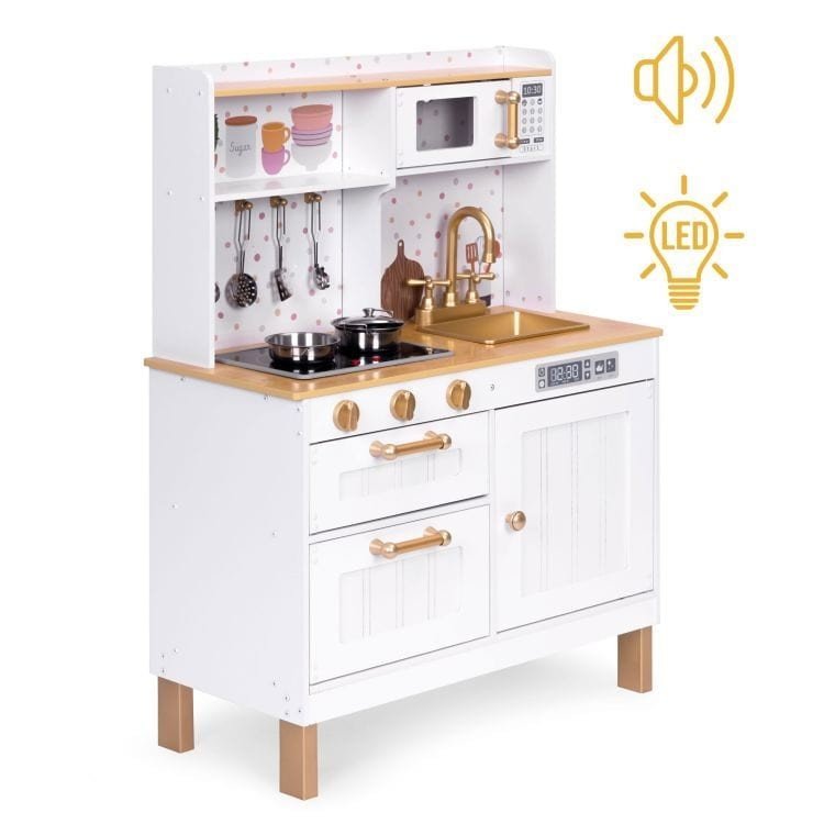3. White play kitchen with LED and sound icons, featuring a sink, stove, and hanging utensils, set against a white background.