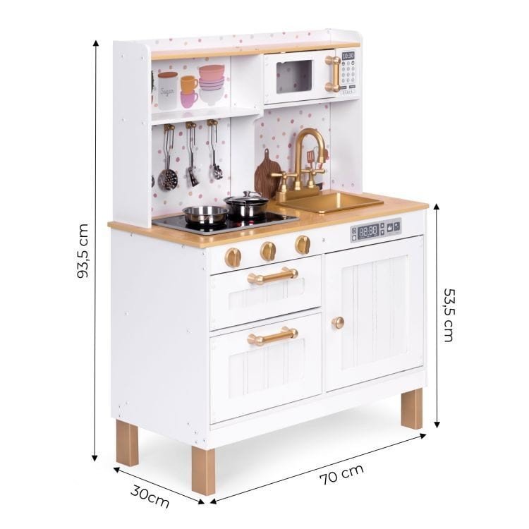 9. Size chart for white play kitchen showing dimensions in centimeters.